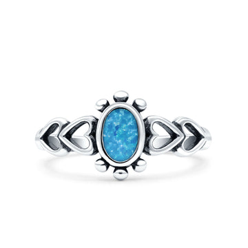 Solitaire Petite Heart Lab Created Blue Opal Promise Ring Band Oxidized Braided 925 Sterling Silver